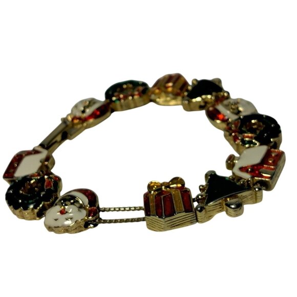 Christmas Charm Bracelet Holiday Fashion Santa Wreath Cabin Marked SP Gold Tone - Picture 4 of 13